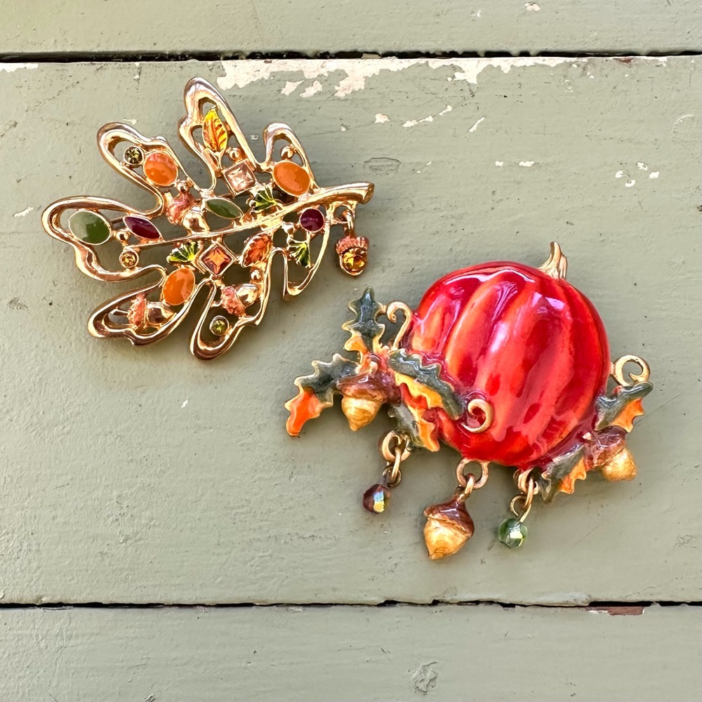 Vintage OTC Pin Brooch Enamel Pumpkin Rhinestone Autumn Leaf Lot of 2
